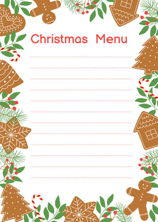 Template of christmas menu with gingerbread cookies frame. winter homemade sweets, twigs and berries