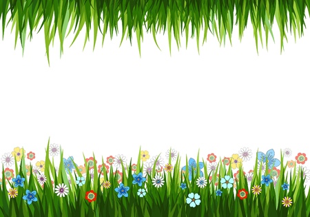 Vector illustration of a nature background with grass and flowers Иллюстрация