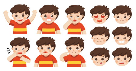 Set of adorable boy facial emotions. boy face with different expressions. schoolboy portrait avatars. variety of emotions teen guy.