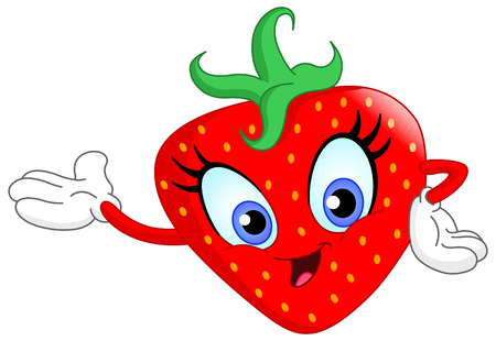 Cute cartoon strawberry presenting with her hand