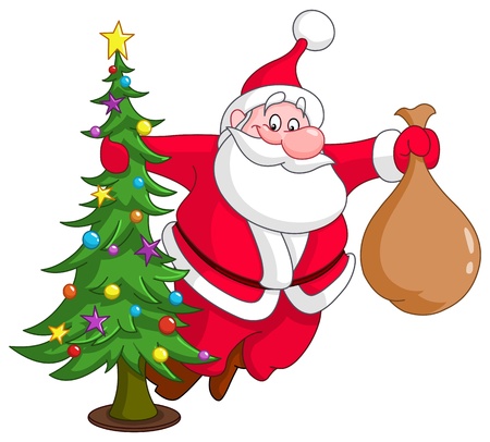 Santa with christmas tree and gifts sack