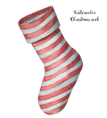 stock photo watercolor christmas sock hand painted striped christmas stocking isolated on white background holiday print - Striped Christmas Stockings stock photo watercolor christmas sock hand painted striped christmas stocking isolated on white background holiday print - Striped Christmas Stockings
