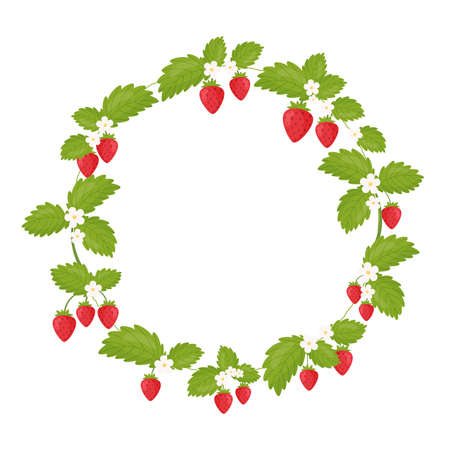 Blossom strawberries decorated frame with empty space for text. vector illustration. Stock Photo