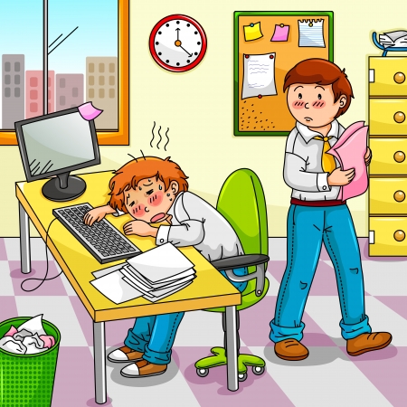 Office worker feeling ill or exhausted with his colleague standing next to him
