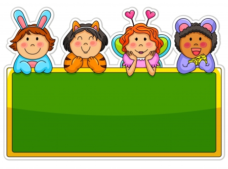 Kids wearing costumes leaning over a blank blackboard Stock Photo