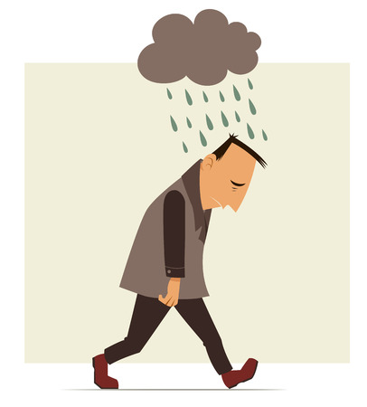 Depressed man walking with a cloud of rain over his head Stock Photo