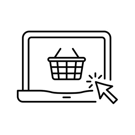 Laptop And Basket Ecommerce Concept Line Icon. Digital Market Service Shopping Cart In Device Linear Pictogram. Online Shop In Computer Outline Icon. Editable Stroke. Isolated Vector Illustration