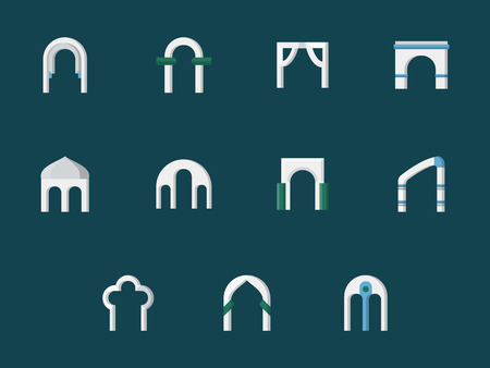 種類の一般的な建築のアーチの形状 アーチ 門 エクステリアとインテリアの構成要素 青の背景に単色スタイル ベクトルのアイコンのセットです のイラスト素材 ベクタ Image