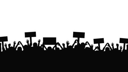 Protest and strike, demonstration and revolution concept. silhouettes of crowd of people with raised up hands and flags. political and human rights protest. vector