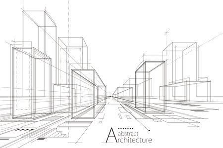 3d Illustration Outline Drawings Of Abstract Modern Urban Buildings And Architecture.