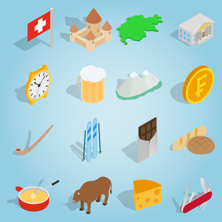 Isometric switzerland icons set. universal switzerland icons to use for web and mobile ui, set of basic switzerland elements vector illustration