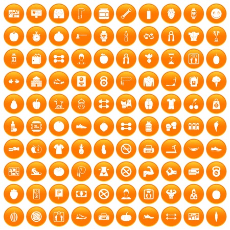 白いベクトル イラストを分離したオレンジ色の円で 100 のジムのアイコンを設定します のイラスト素材 ベクタ Image 6434