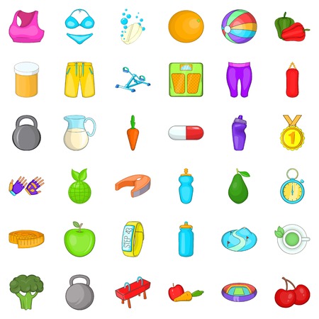 健康ダイエットのアイコンを設定します Web は 白い背景で隔離のウェルネス ダイエット ベクトルのアイコンには 36 の漫画のスタイルのイラスト素材 ベクタ Image