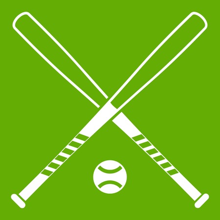 Crossed Baseball Bats And Ball Icon White Isolated On Green