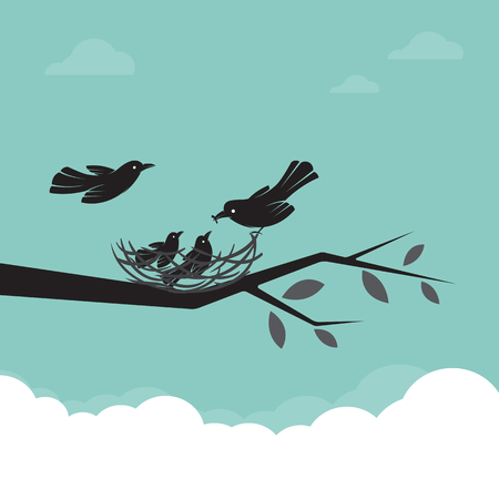 Family Of Birds That Are Feeding The Baby Illustration