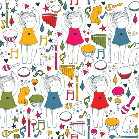 かわいい女の子の王女 楽器とベクトル パターン 花 メモ 星と心 カラフルなイラスト 手描き 良い包装紙の印刷 子供たちと音楽の背景にオレンジ色 の イラスト素材 ベクタ Image かわいい女の子の王女 楽器とベクトル パターン 花 メモ 星と心 カラフルなイラスト 手描き 良い包装紙の印刷 子供たちと音楽の背景にオレンジ色 の イラスト素材 ベクタ Image