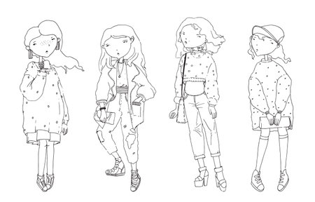 ベクトルは 特大のセーターとカーディガンで素敵なかわいいファッションの女の子と設定 手には 白い背景に黒の線で描き下ろしイラスト が描かれました さまざまなポーズでスタイリッシュなファッションの女性キャラクター のイラスト素材 ベクタ Image