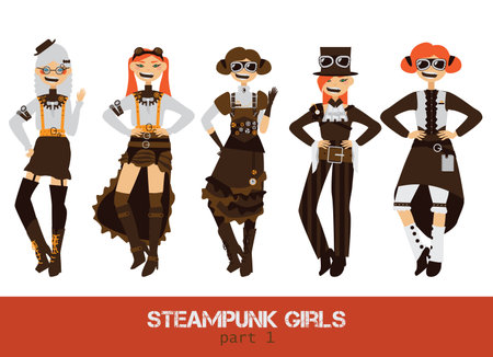 ベクトルは スチーム パンクな男キャラクター フラットを設定します のイラスト素材 ベクタ Image