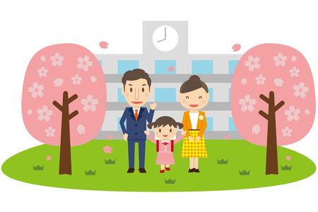 かわいい家族の息子の小学校入学式と桜桜のイラスト素材 ベクタ Image