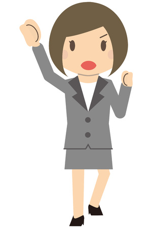かわいい女性ボブとグレーのスーツの女性両手を広げるし 笑顔で説明のイラスト素材 ベクタ Image