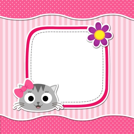 かわいい猫と女の子のための花のイラスト あなたのテキストのための場所を持つベクトル テンプレート ベビー シャワーや出産 のお知らせ 誕生日の招待状カード のイラスト素材 ベクタ Image