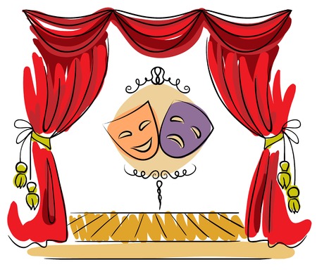 Theater stage with red curtain and masks illustration - 26000116