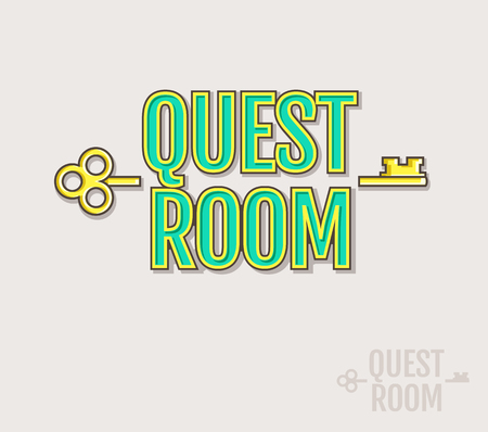 クエスト ルームのロゴのテンプレートのセット 実際生活脱出ゲーム デザインのバッジをベクトルします 黒の背景に分離されたエンブレムのコレクションです のイラスト素材 ベクタ Image