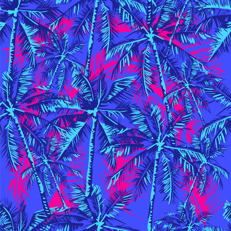 Seamless tropical pattern depicting palm trees on the bright pink background