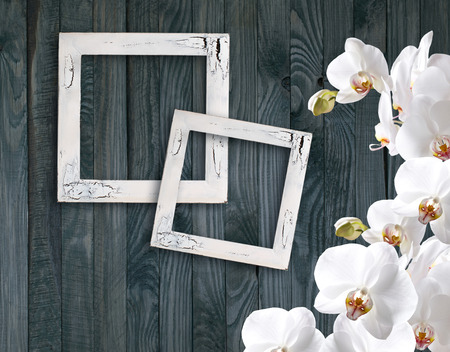White Magnolia Flowers And Photo Frame On Background Of Shabby White Magnolia Flowers And Photo Frame On Background Of Shabby