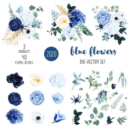 Classic blue, white rose, white hydrangea, ranunculus, campanula, anemone, peony, thistle flowers,greenery and eucalyptus,berry, juniper big vector set.Trendy color collection Isolated and editable