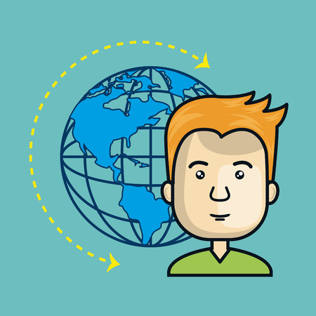 Avatar man cartoon with earth planet world sphere global network connection theme vector illustration