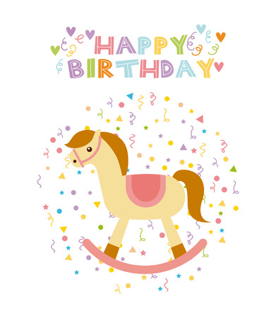 Carte De Joyeux Anniversaire Avec Icone Mignon Jouet Cheval Sur Fond Blanc Design Colore Illustration Vectorielle Clip Art Libres De Droits Vecteurs Et Illustration Image