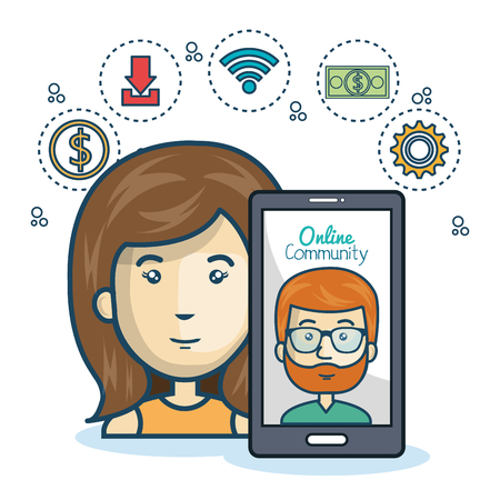 dolar: woman community online smartphone with app media design vector illustration