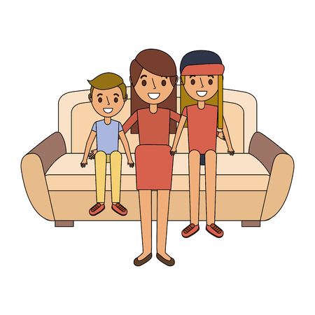 ソファベクトルイラストに座っている彼女の息子と娘とお父さんのイラスト素材 ベクタ Image