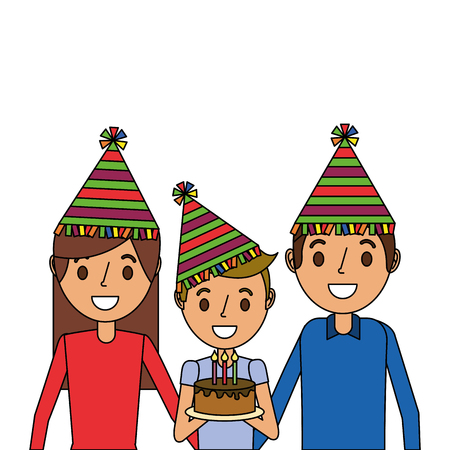 バースデーケーキベクトルイラストを保持するパーティー帽子を持つ家族の両親とその子供のイラスト素材 ベクタ Image