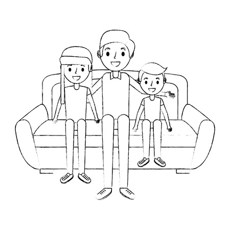 ソファベクトルイラストに座っている彼女の息子と娘とお父さんのイラスト素材 ベクタ Image