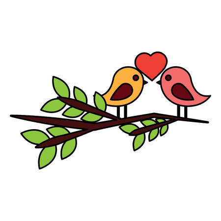 バレンタインデーベクトルイラストのための葉っぱのブランチカードに心を持つ2つのかわいい鳥のイラスト素材 ベクタ Image