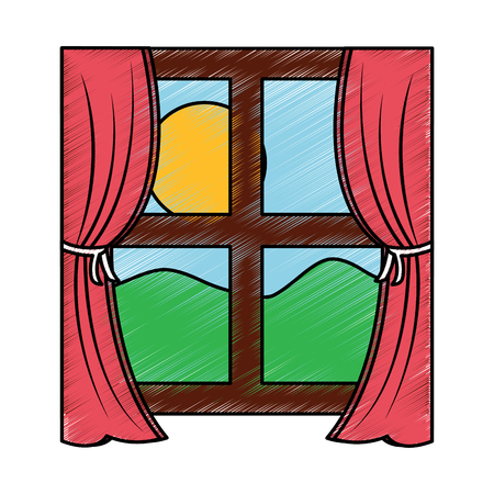 カーテンと太陽の山ベクトルイラストと木製の窓枠のイラスト素材 ベクタ Image