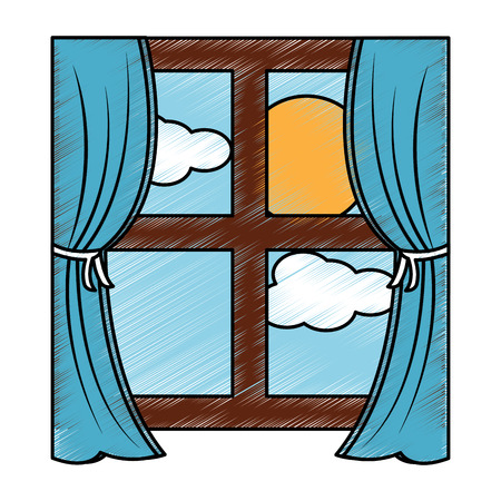 カーテンと太陽雲空ベクトルイラストと木製の窓枠のイラスト素材 ベクタ Image