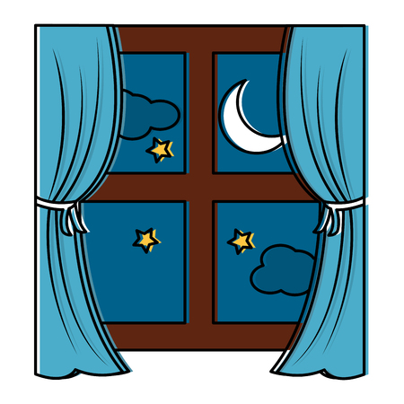 カーテンと夜の月の星ベクトルイラストと木製の窓枠のイラスト素材 ベクタ Image