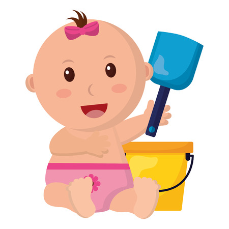 Baby girl with bucket shovel toys vector illustration