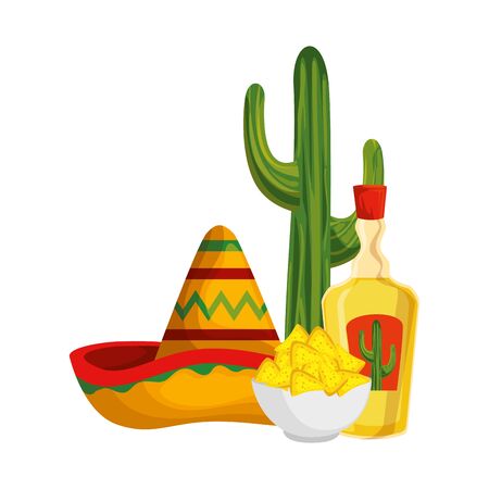 Tequila with mexican hat and nachos cinco de mayo celebration vector illustration