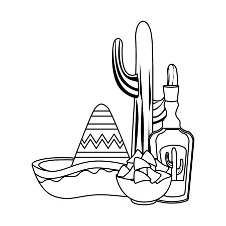 Tequila with mexican hat and nachos cinco de mayo celebration vector illustration