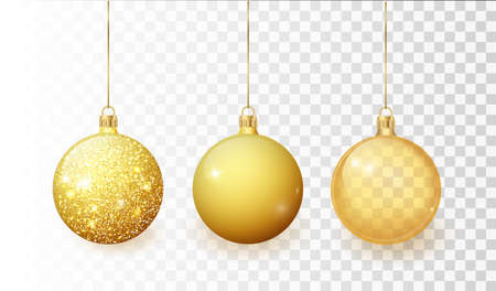 Gold christmas tree toy set isolated on a transparent background. stocking christmas decorations. vector object for christmas design, mockup. vector realistic illustration