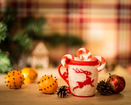 insulated wool cloth mug with embroidered deer on the wooden table mug with tangerines and a candy