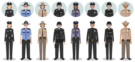 アメリカの警察の人々 が白い背景で隔離のカップル アメリカの警官は 一緒に立っている警官のセットです キュートでシンプルなフラット スタイル のイラスト素材 ベクタ Image