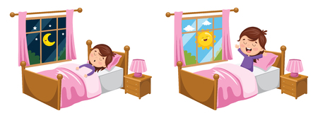 A vector illustration of kid sleeping and waking up