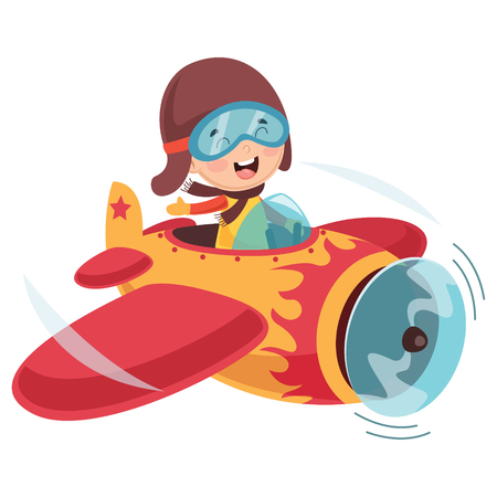 Vector Illustration Of Kid Operating Plane Vector Illustration
