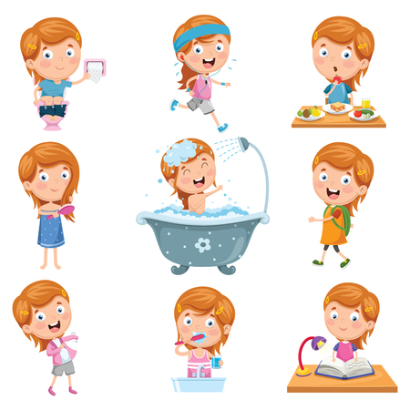 Vector illustration set of little girl daily routines