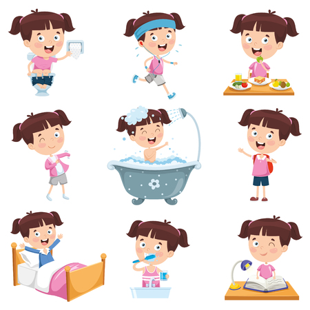 Cartoon girl doing various activities Stock Photo